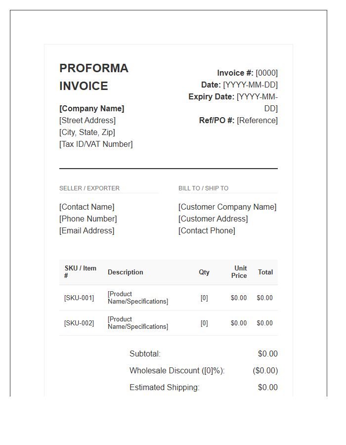 Detailed Wholesale Order Proforma Invoice Template