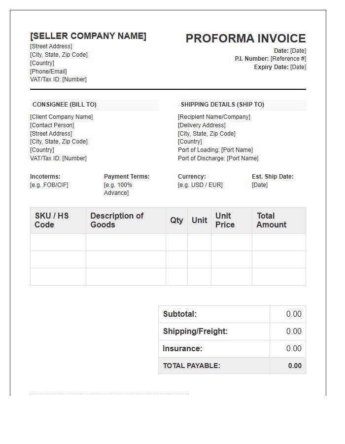 International Wholesale Proforma Invoice Template Format