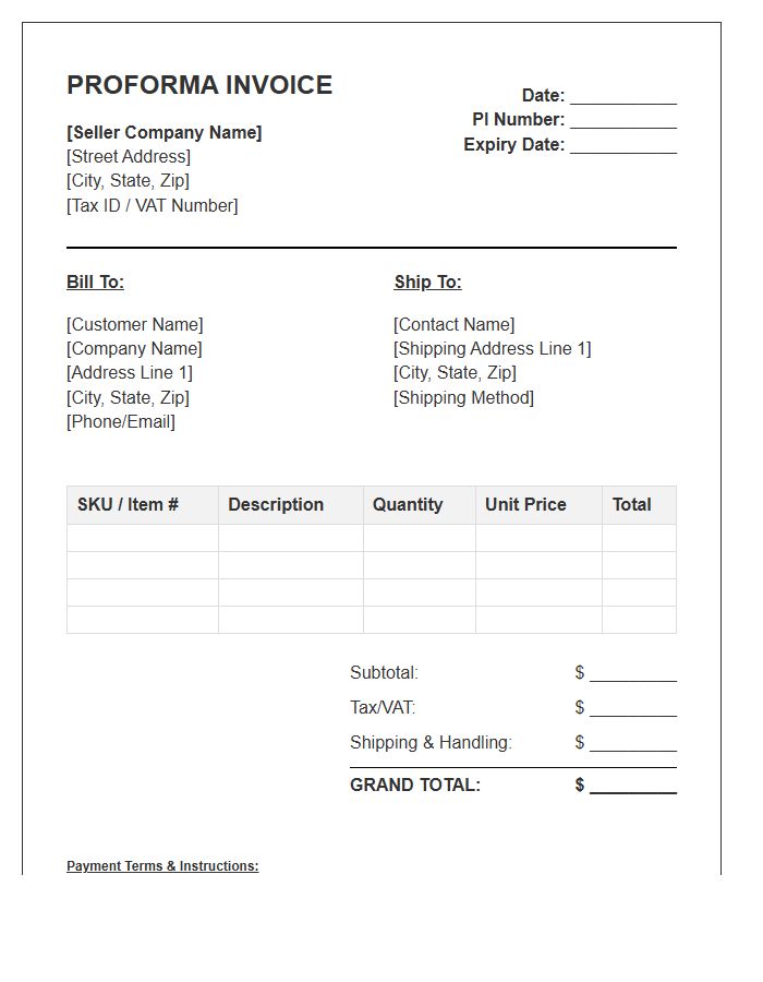 Inventory Wholesale Order Proforma Invoice Template