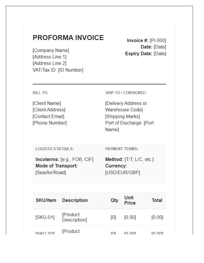 Logistics Wholesale Order Proforma Invoice Template