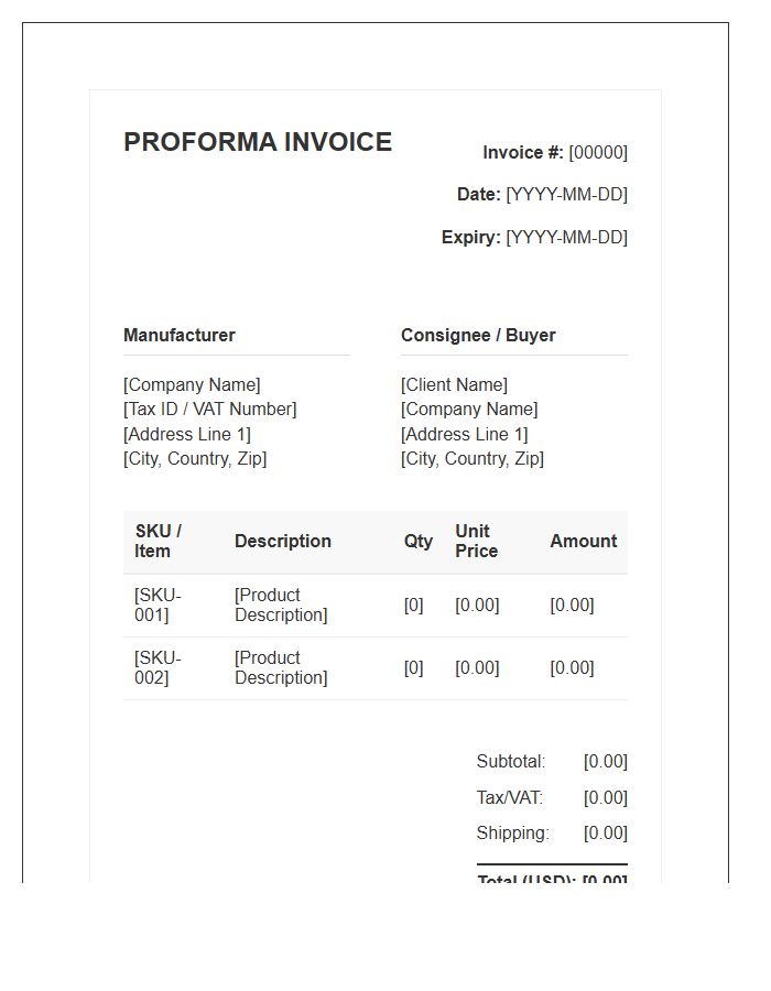 Manufacturer Wholesale Proforma Invoice Template Layout