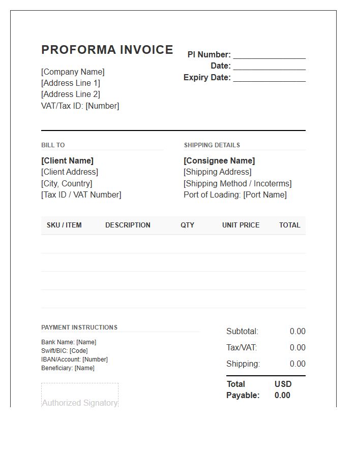 Official Wholesale Proforma Invoice Template Style