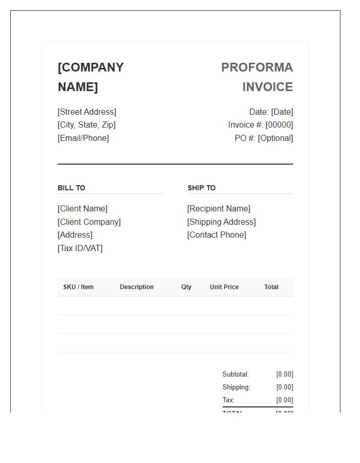 Professional Wholesale Order Proforma Invoice Template