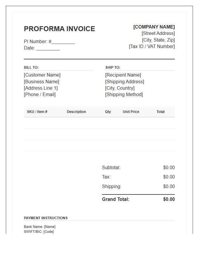 Standardized Wholesale Order Proforma Invoice Template