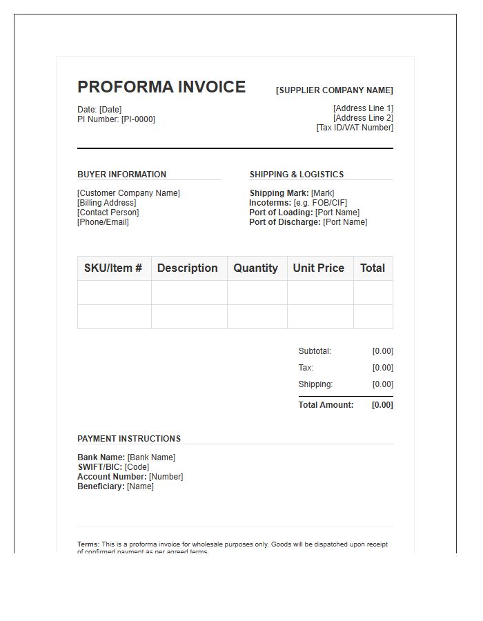 Supplier Proforma Invoice Template For Wholesale
