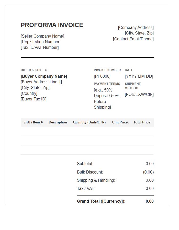 Wholesale Bulk Order Proforma Invoice Template
