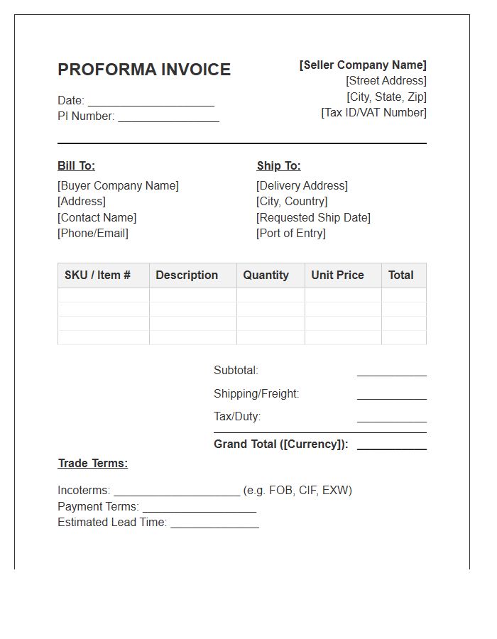 Wholesale Trade Proforma Invoice Template Document