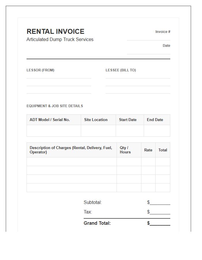 Articulated Dump Truck Rental Invoice Template