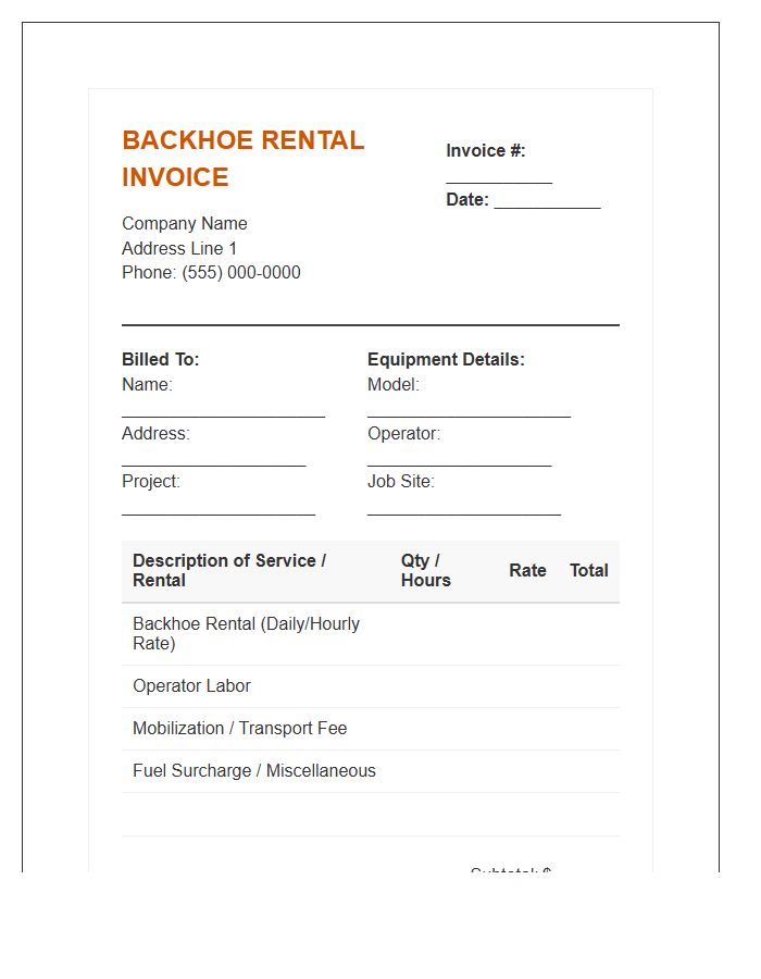 Backhoe Rental Charges Invoice Template