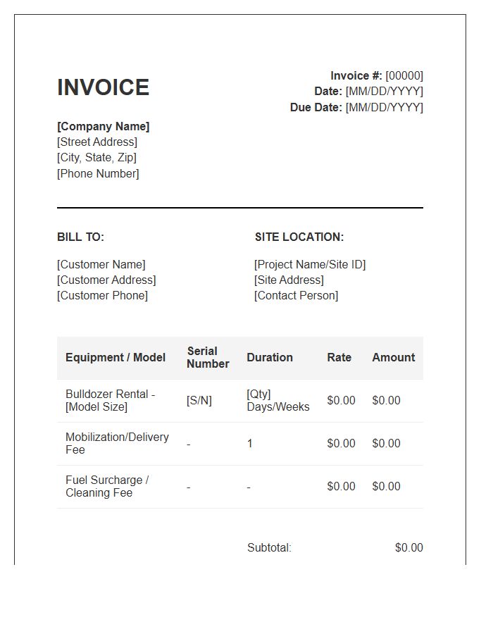 Bulldozer Rental Service Invoice Template