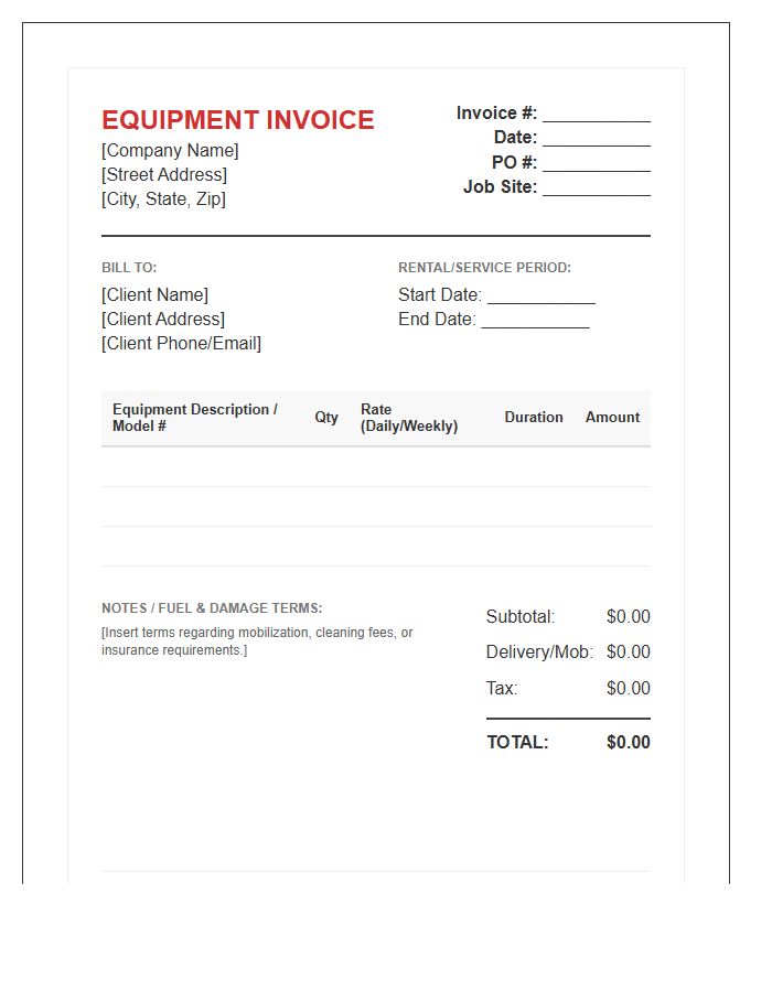 Commercial Construction Equipment Invoice Template