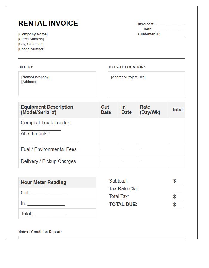 Compact Track Loader Rental Invoice Template