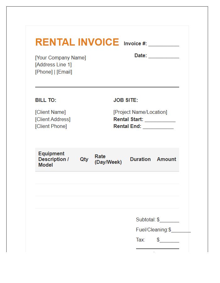Earthmoving Equipment Rental Invoice Template