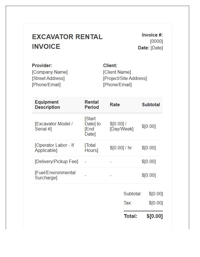 Excavator Rental Billing Invoice Template
