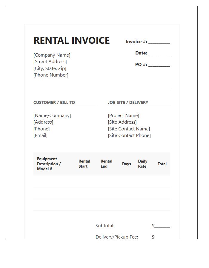 Heavy Equipment Daily Rental Invoice Template
