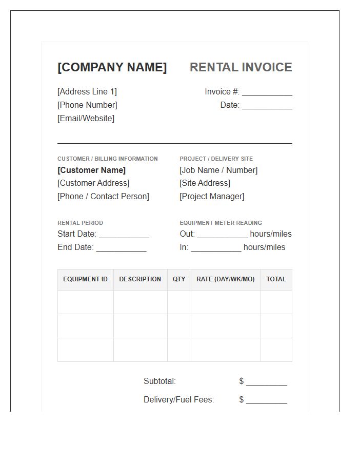 Heavy Machinery Rental Receipt Invoice Template