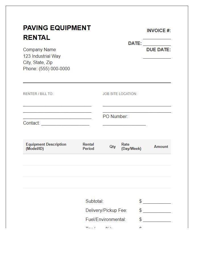 Paving Equipment Rental Invoice Template
