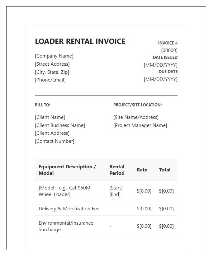 Professional Loader Rental Invoice Template