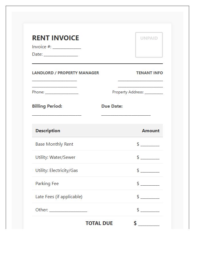 Comprehensive Residential Rental Billing Invoice Template