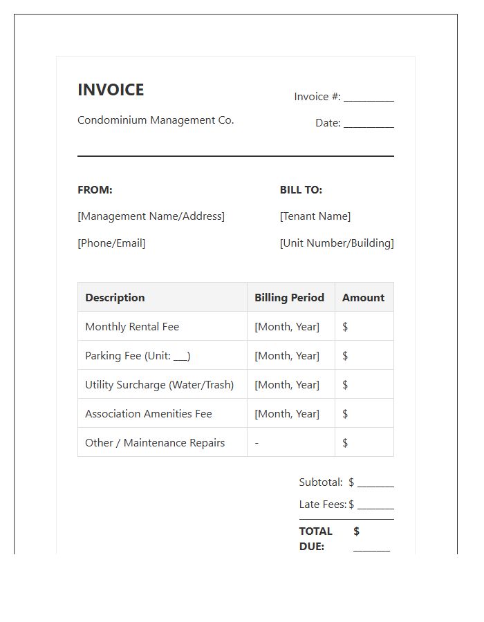 Condominium Management Monthly Rental Invoice Template