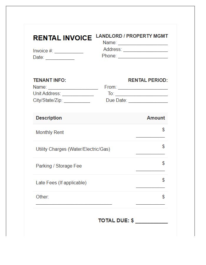 Monthly Apartment Rental Invoice Template