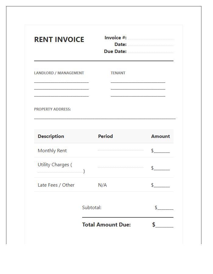 Official Residential Lease Rent Invoice Template