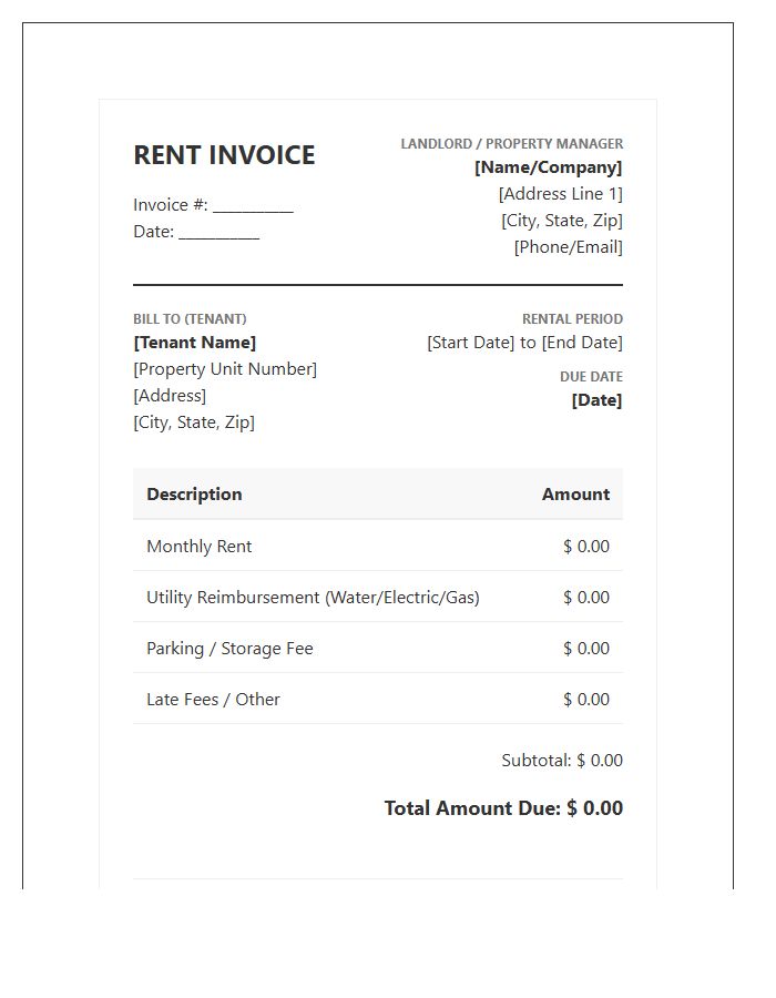 Professional Landlord Tenant Rental Invoice Template