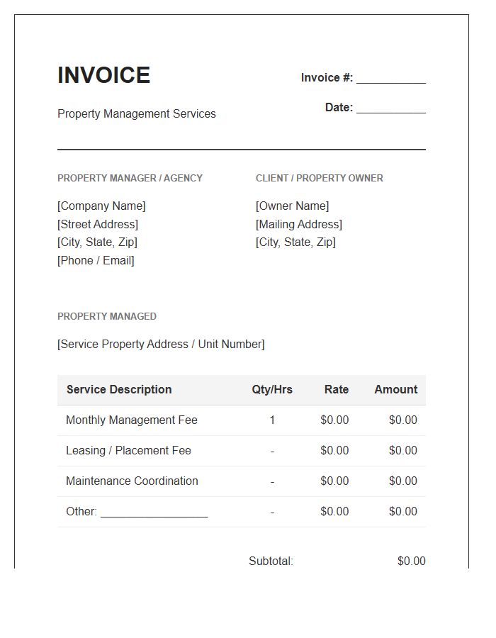Property Manager Service Fee Invoice Template