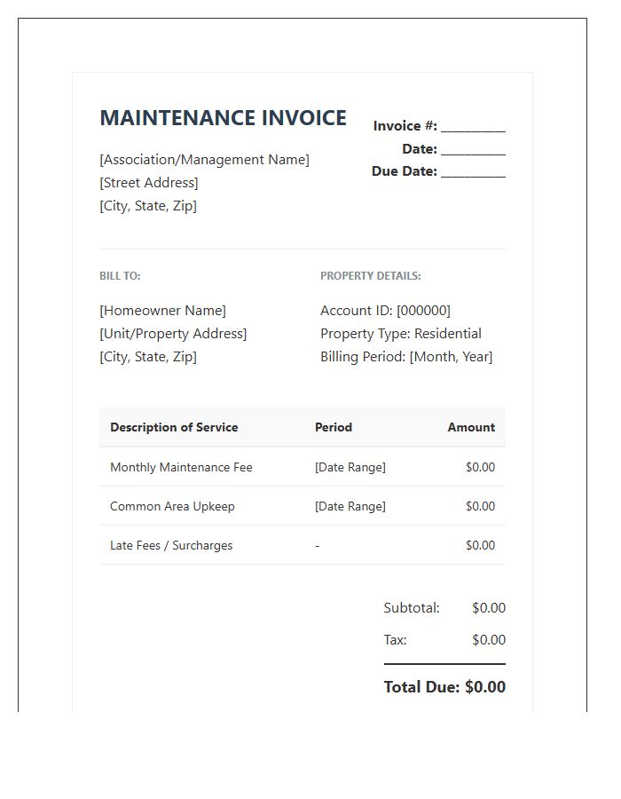 Residential Property Maintenance Fee Invoice Template