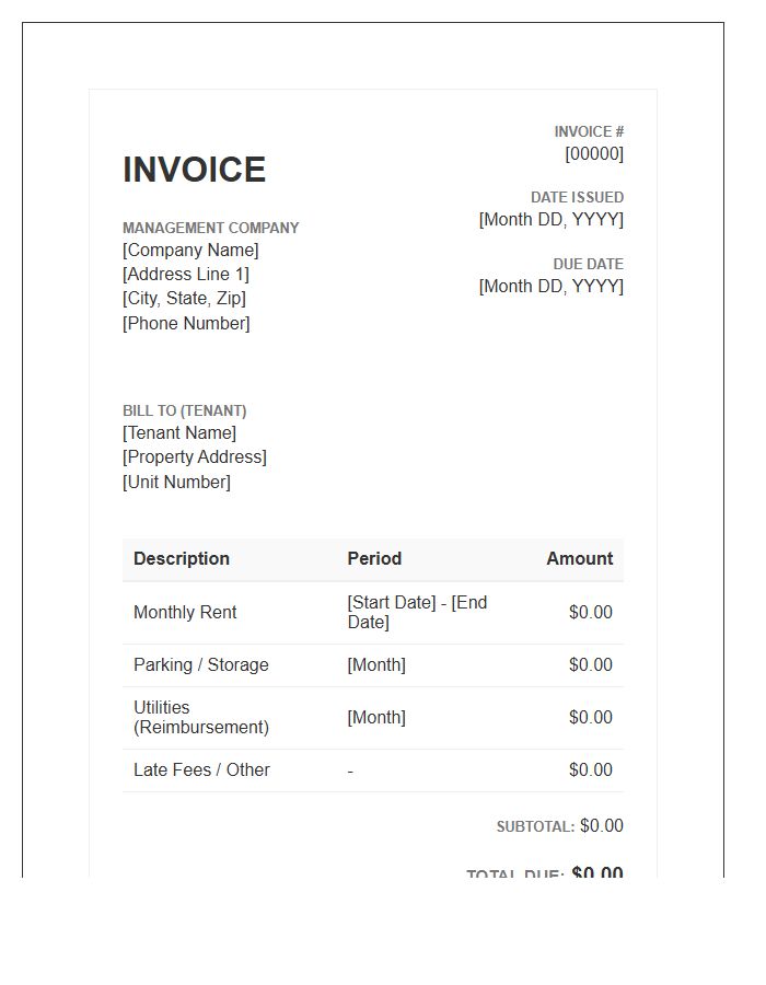 Residential Property Management Rental Invoice Template