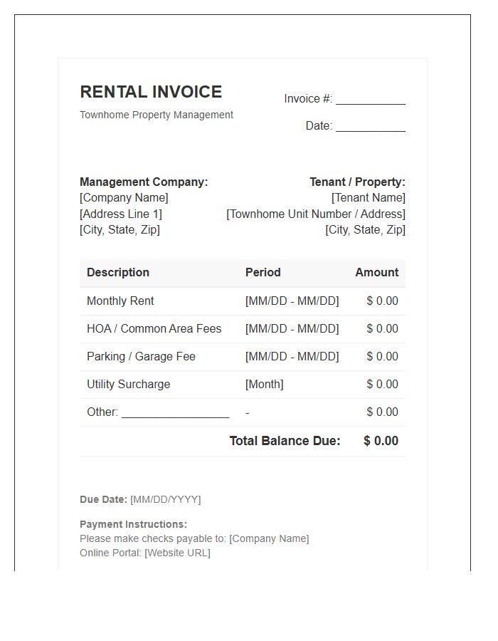 Townhome Property Management Rental Invoice Template