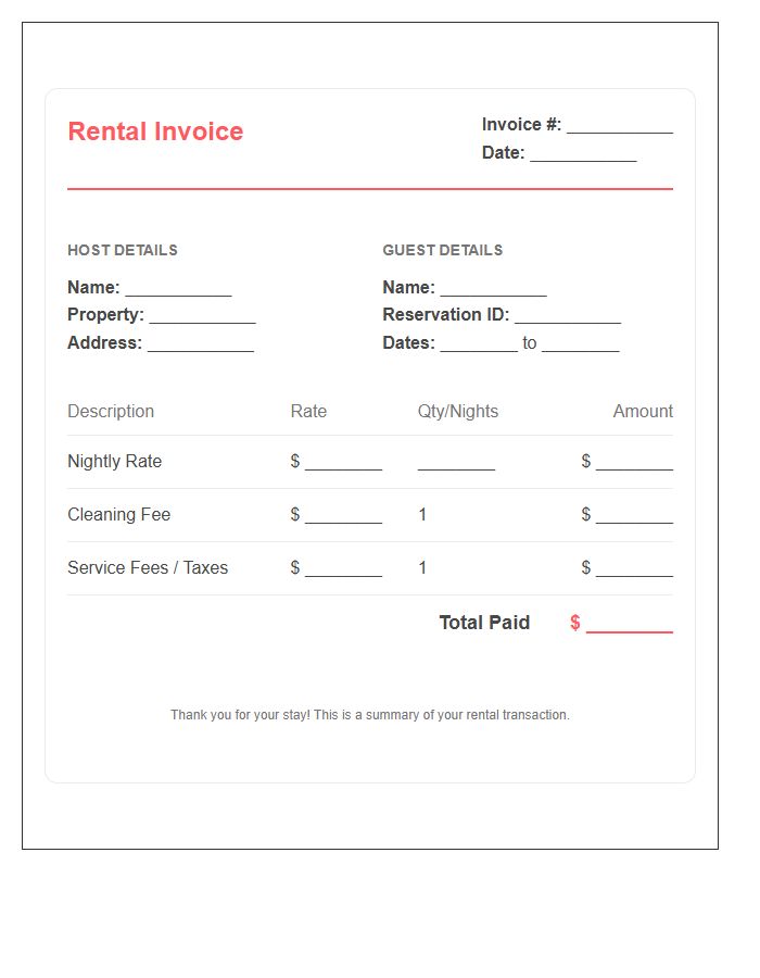 Airbnb Host Rental Invoice Template