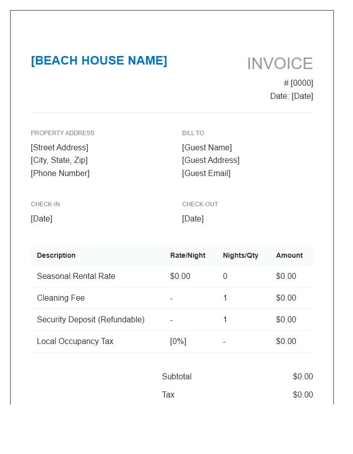 Beach House Rental Invoice Template