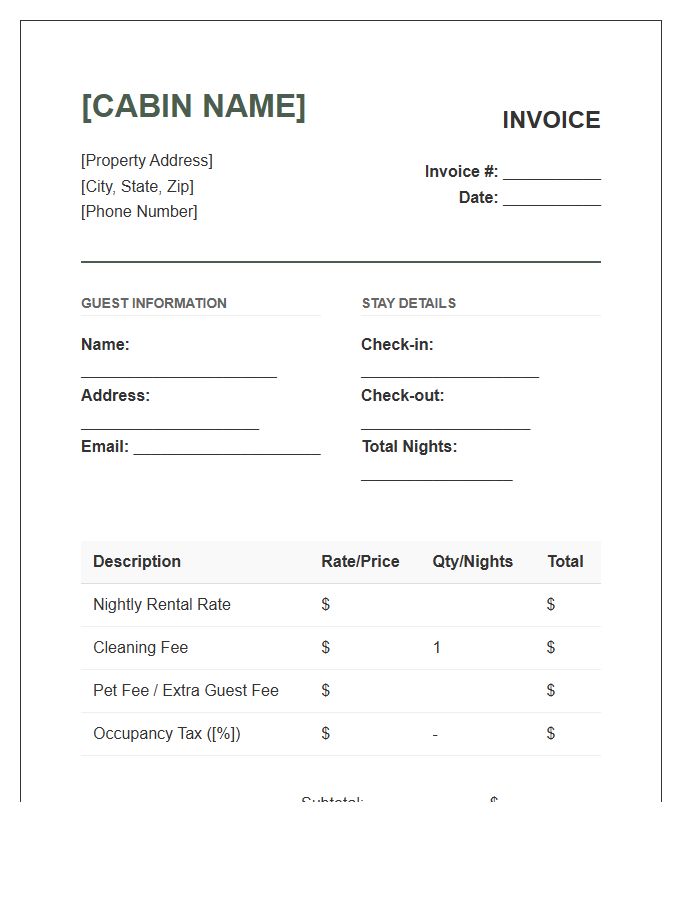 Cabin Rental Stay Invoice Template