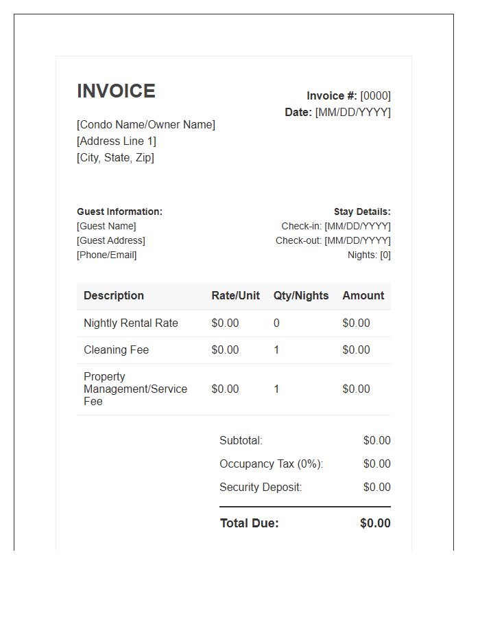 Condo Vacation Rental Invoice Template
