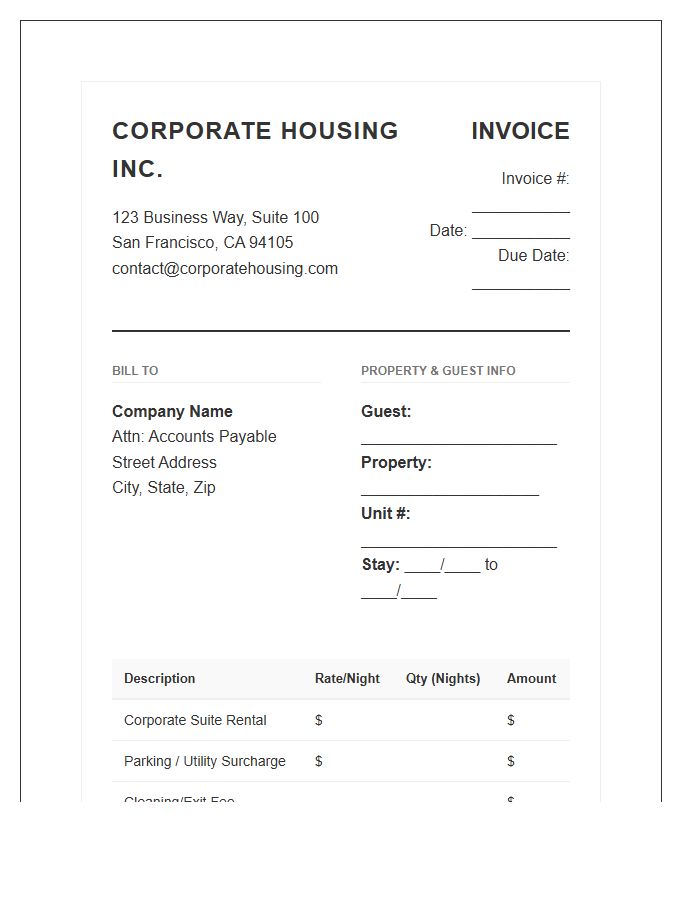 Corporate Housing Rental Invoice Template