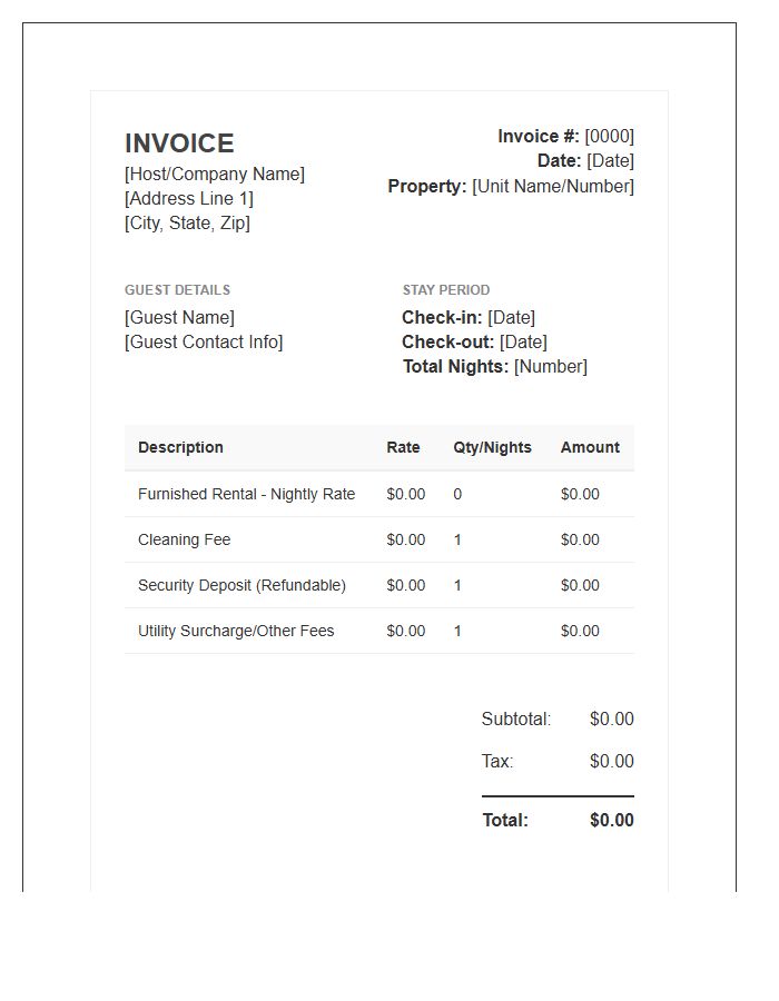 Furnished Rental Stay Invoice Template