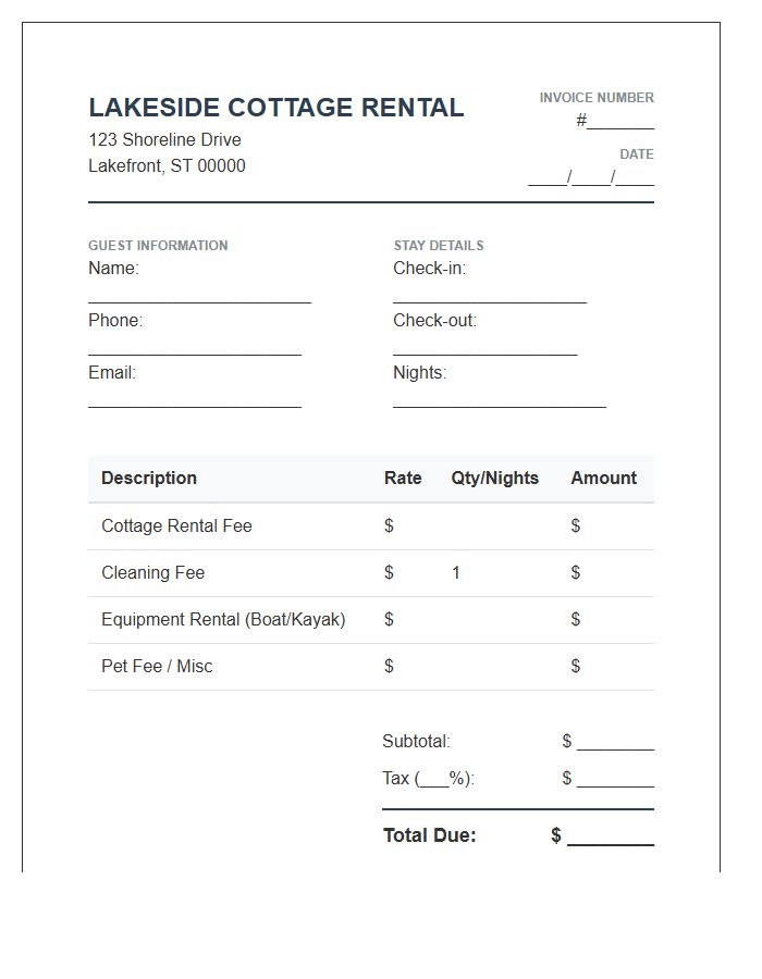 Lakeside Cottage Rental Invoice Template