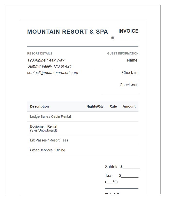 Mountain Resort Rental Invoice Template