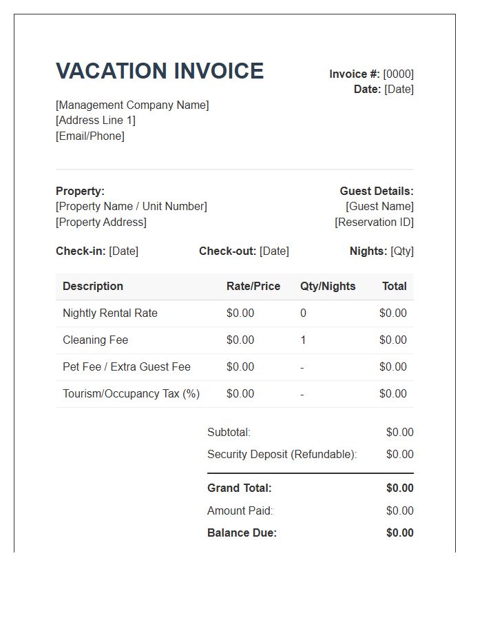 Property Management Vacation Invoice Template