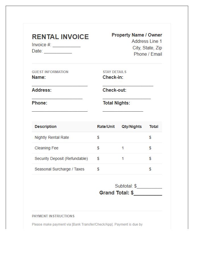 Seasonal Home Rental Invoice Template