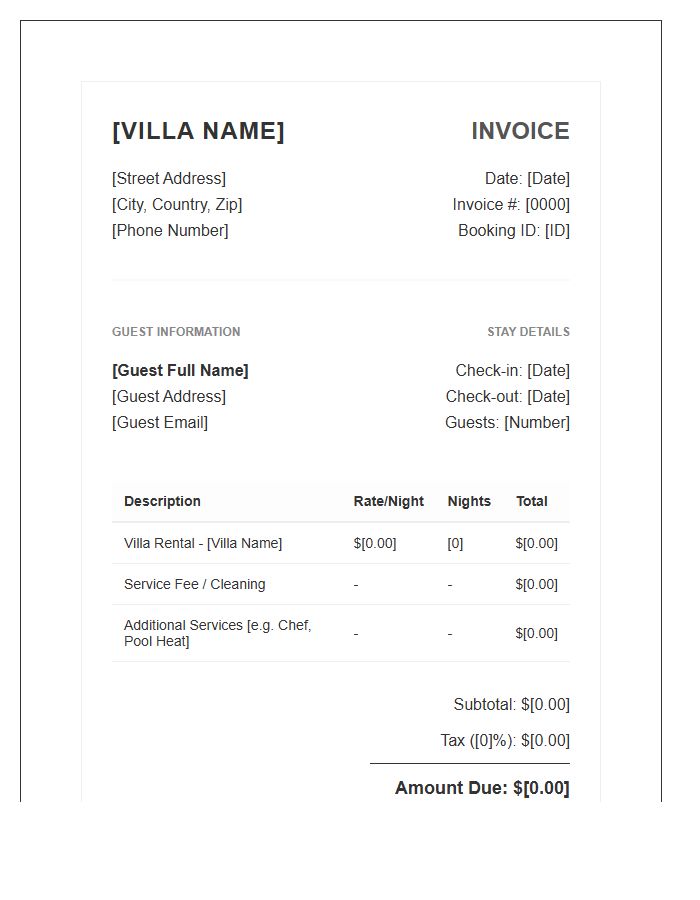Villa Booking Rental Invoice Template