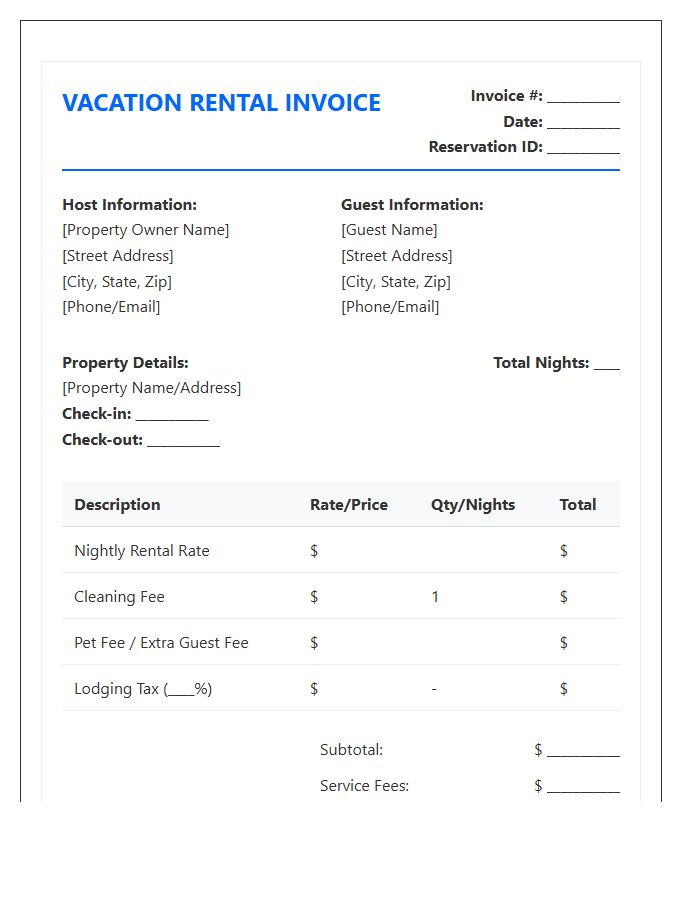VRBO Owner Rental Invoice Template