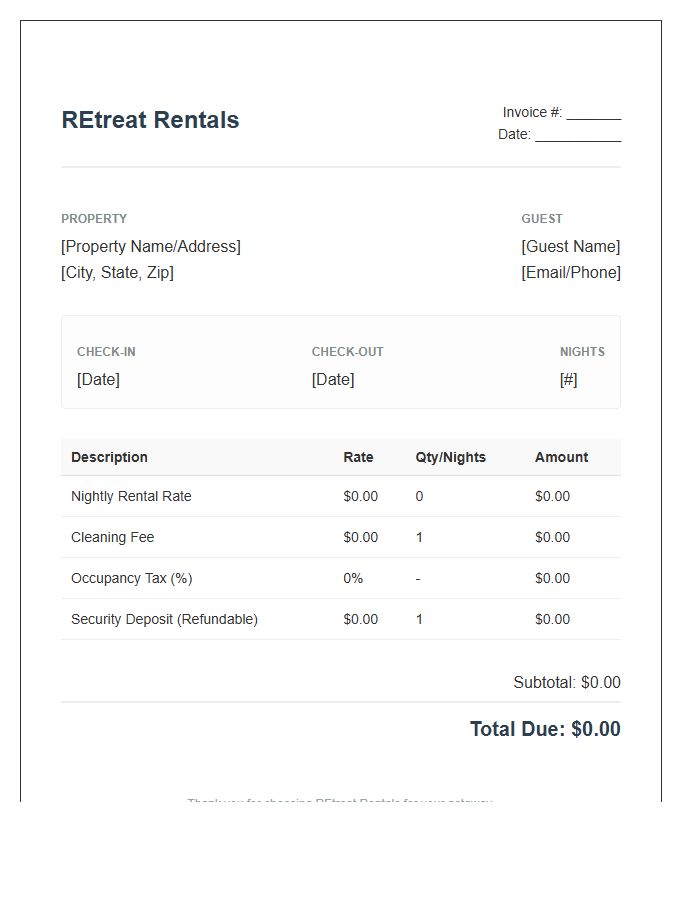 Weekend Getaway Rental Invoice Template