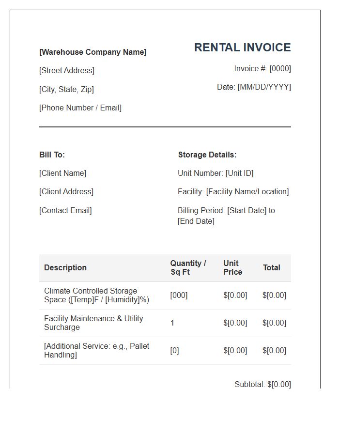 Climate Controlled Warehouse Rental Invoice Template