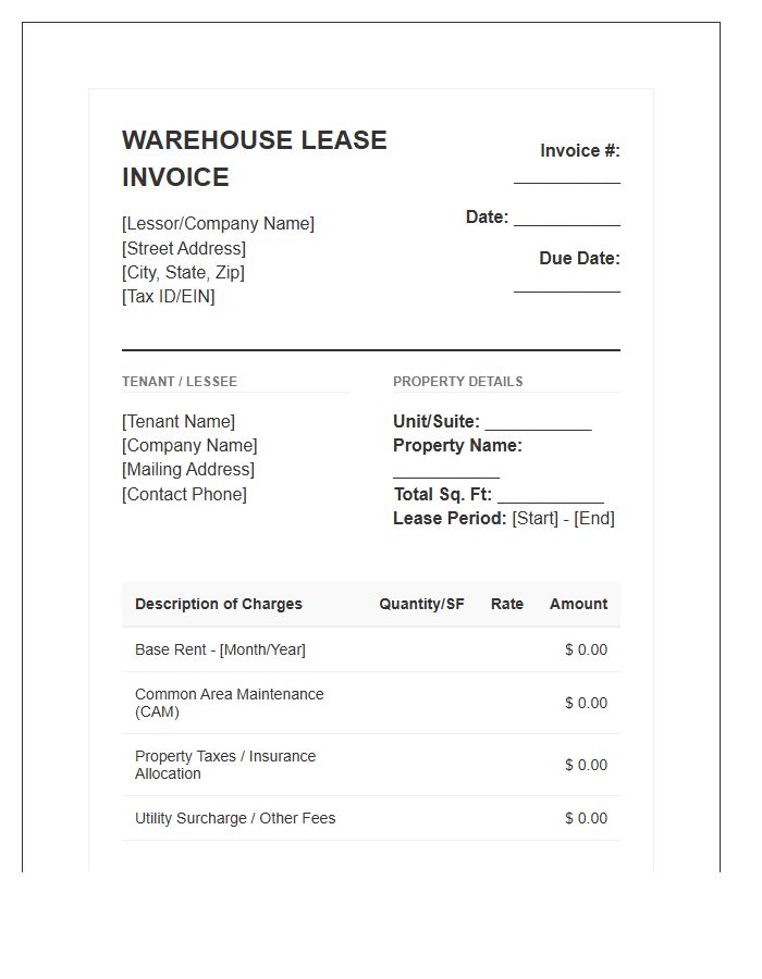 Commercial Property Warehouse Lease Invoice Template