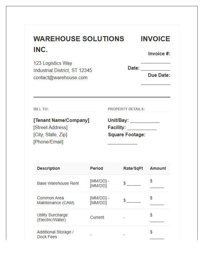 Commercial Warehouse Space Rental Invoice Template
