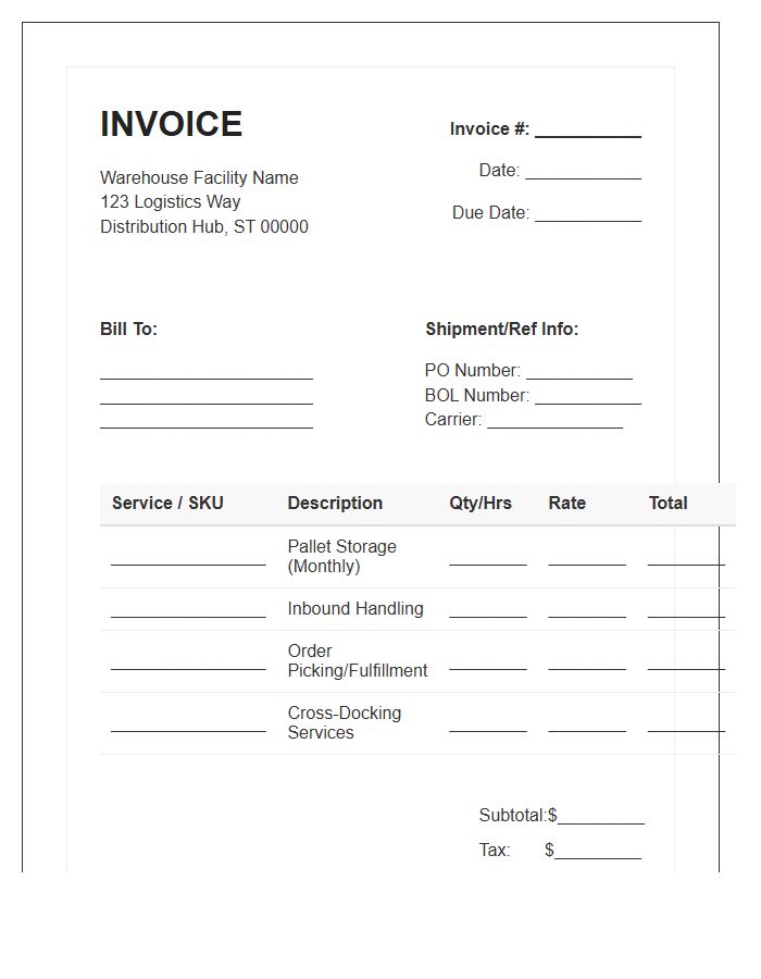 Distribution Warehouse Facility Invoice Template