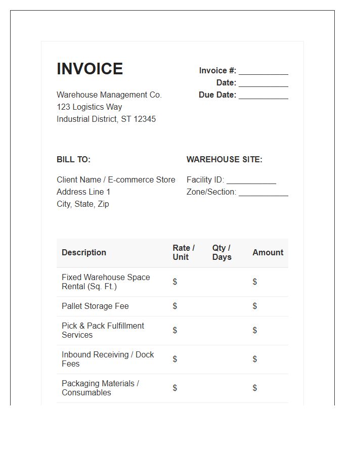 E-commerce Fulfillment Warehouse Rental Invoice Template