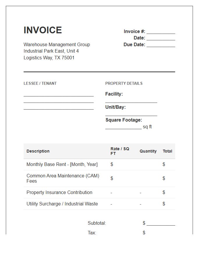 Industrial Warehouse Lease Invoice Template